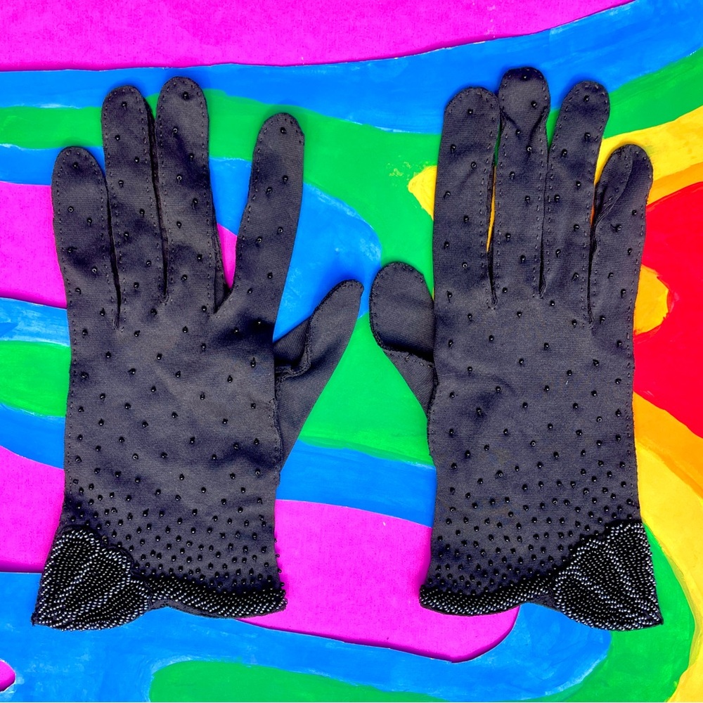 50s Vintage Black Satin Gloves w/ micro beadwork